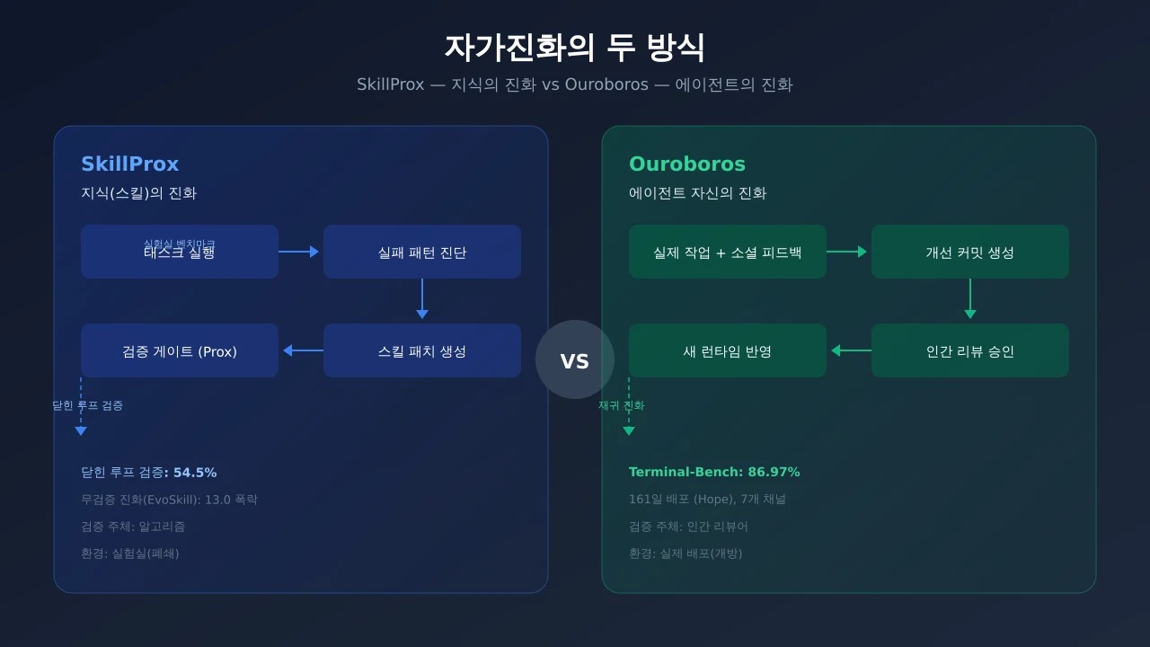 자가진화의 두 방식 비교 다이어그램 — SkillProx와 Ouroboros의 차이